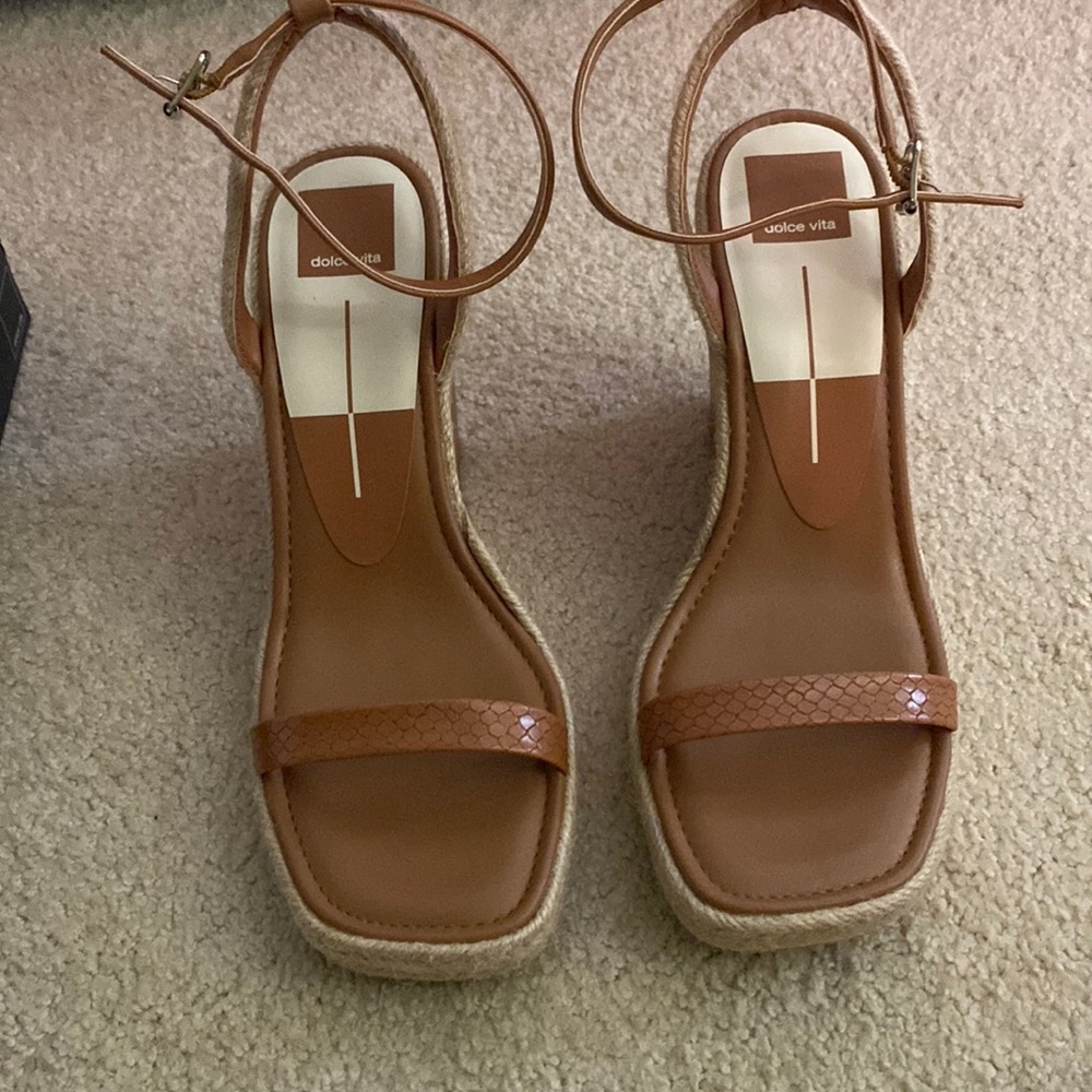 Dolce Vita Cognac Leather Espadrille Wedge Sandals